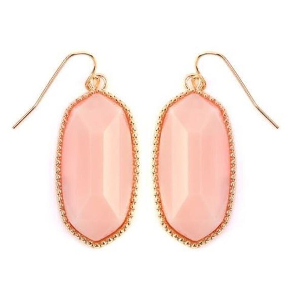 New Boutique Light Pink Stone Gold Trim Hexagon Dangle Drop Earrings